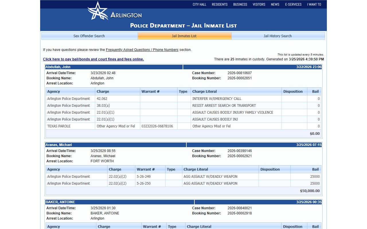 Arlington booking releases and inmate search records - Arlington Police Department Jail Inmate List