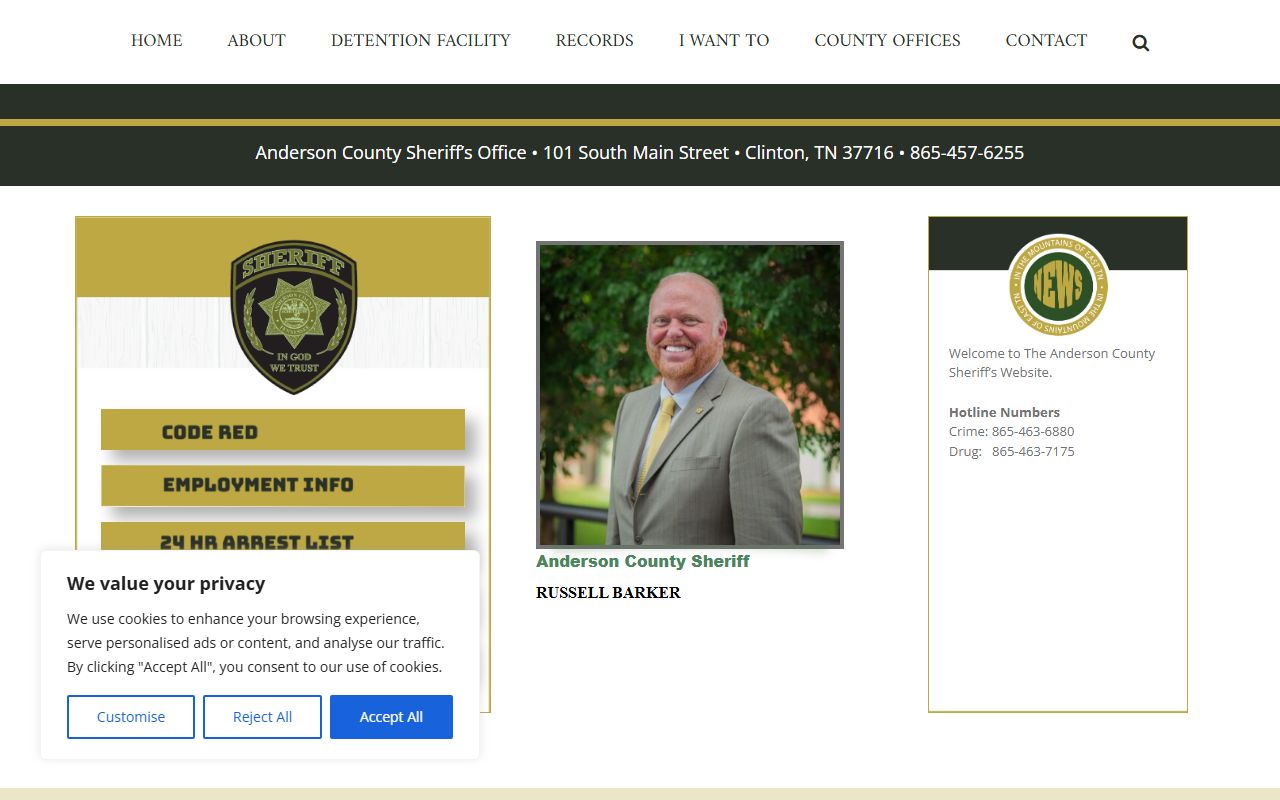 Anderson County Sheriff's Office official website showing jail roster and booking release records