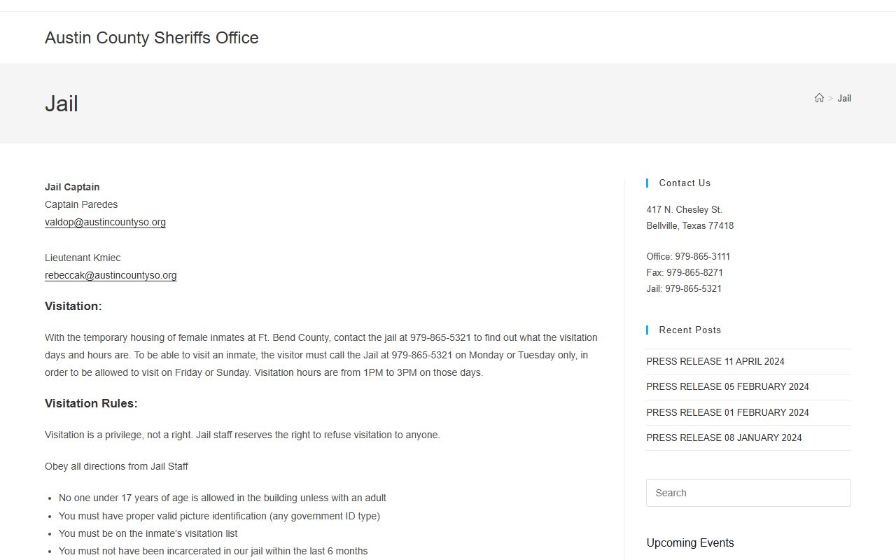 Austin booking releases and inmate search records - Austin County Jail Information
