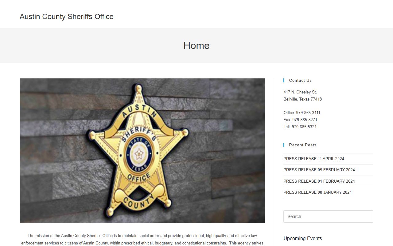 Austin booking releases and inmate search records - Austin County Sheriff's Office