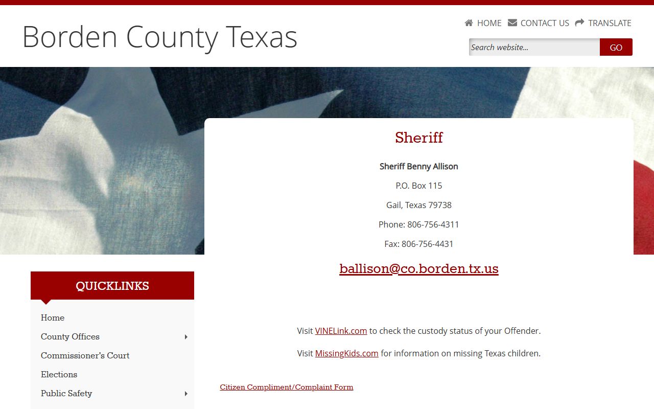 Borden County booking releases and inmate search records - Borden County Sheriff's Office