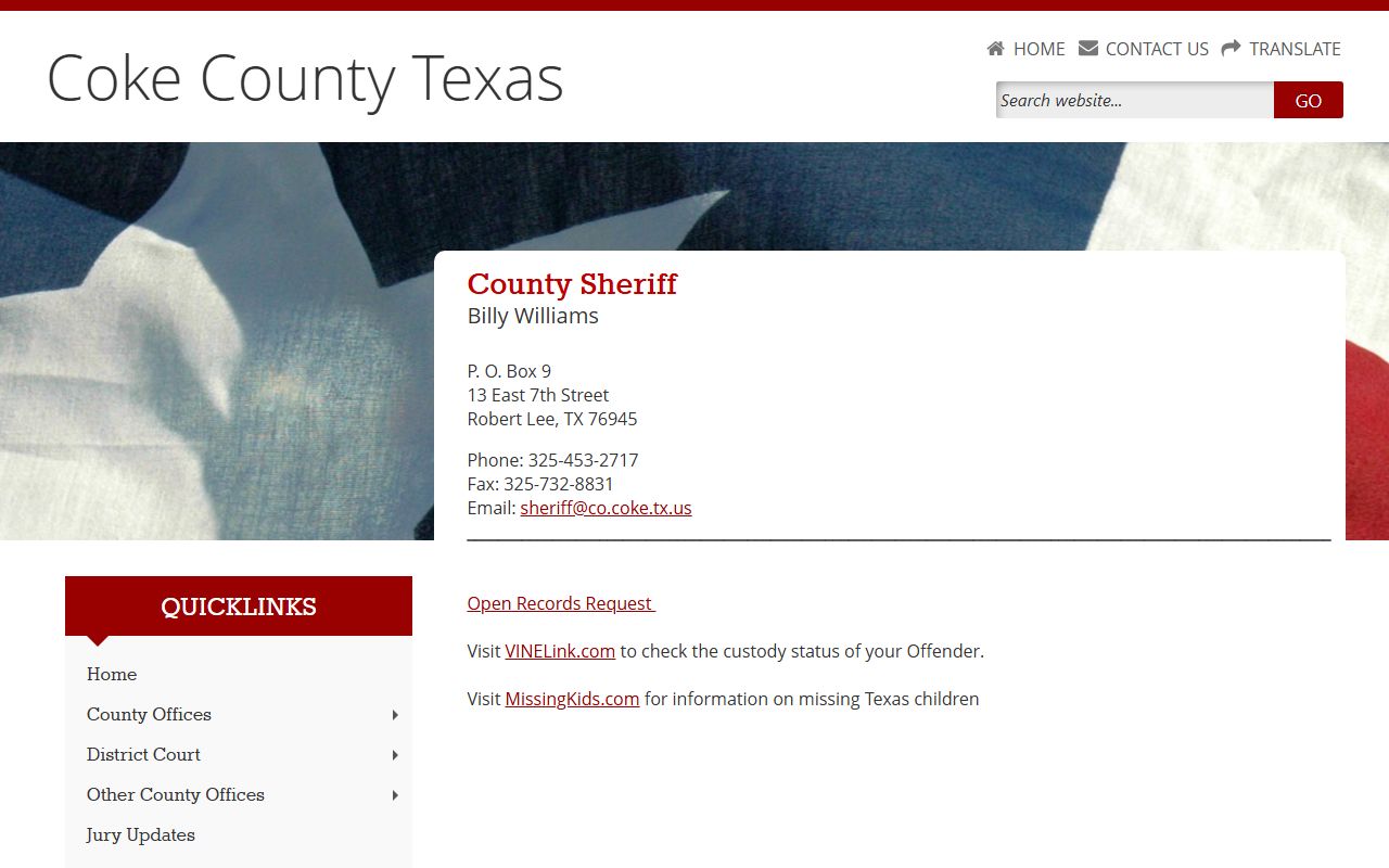 Coke County booking releases and inmate search records - Coke County Sheriff's Office