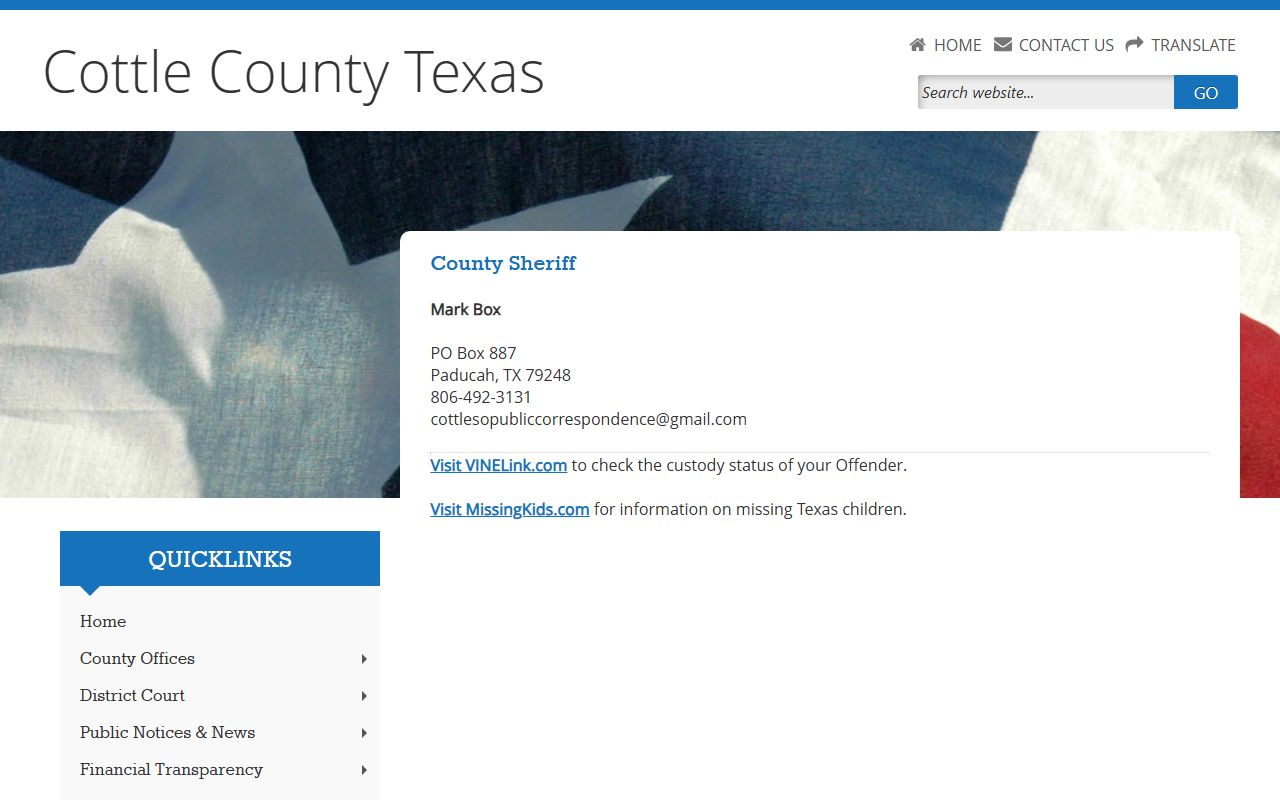 Cottle County booking releases and inmate search records - Cottle County Sheriff's Office