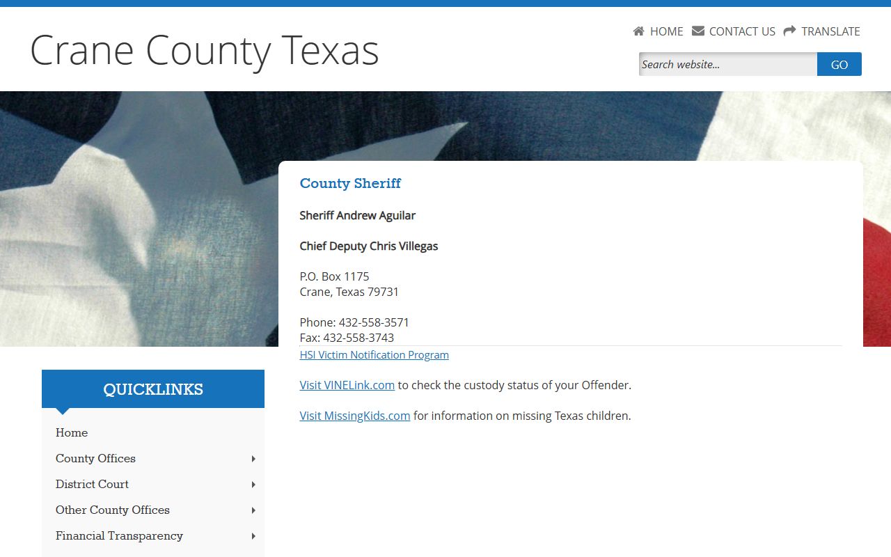 Crane County booking releases and inmate search records - Crane County Sheriff's Office