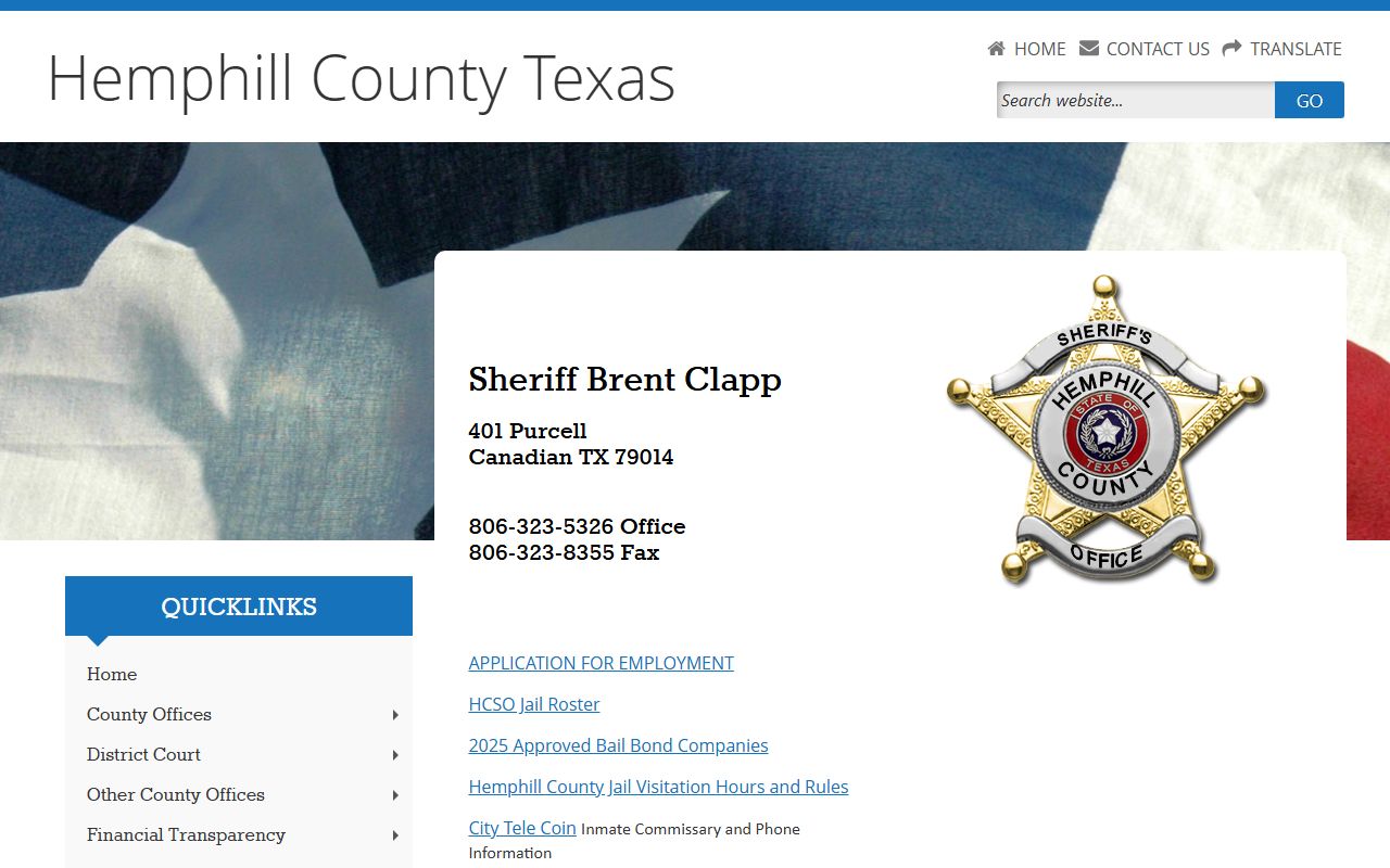 Hemphill County booking releases and inmate search records - Hemphill County Sheriff's Office