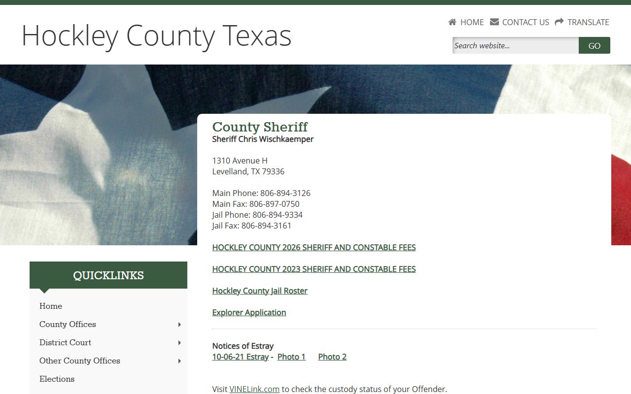 Hockley County booking releases and inmate search records - Hockley County Sheriff's Office