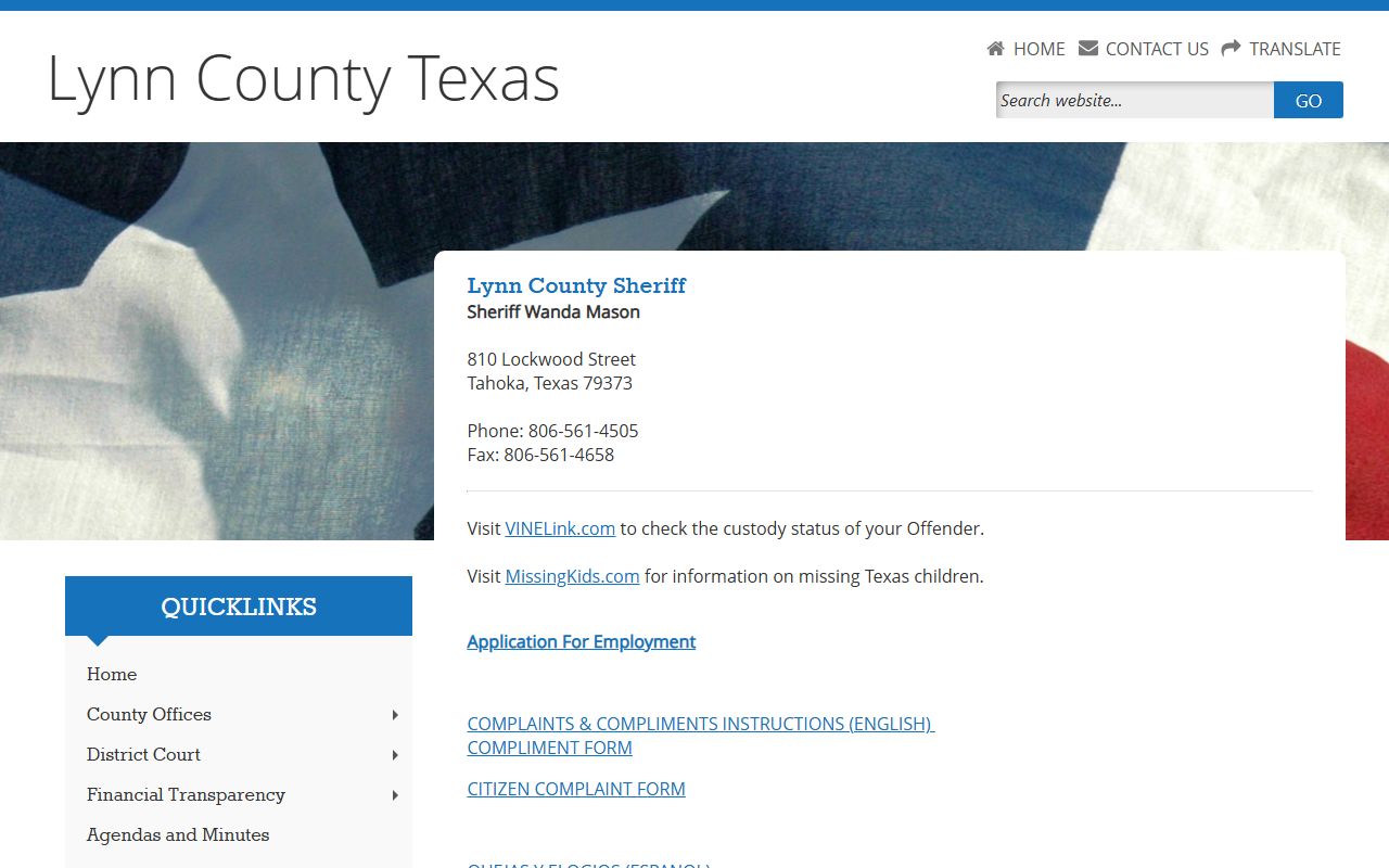 Lynn County booking releases and inmate search records - Lynn County Sheriff's Office