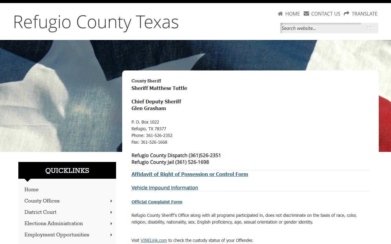 Refugio County booking releases and inmate search records - Refugio County Sheriff's Office