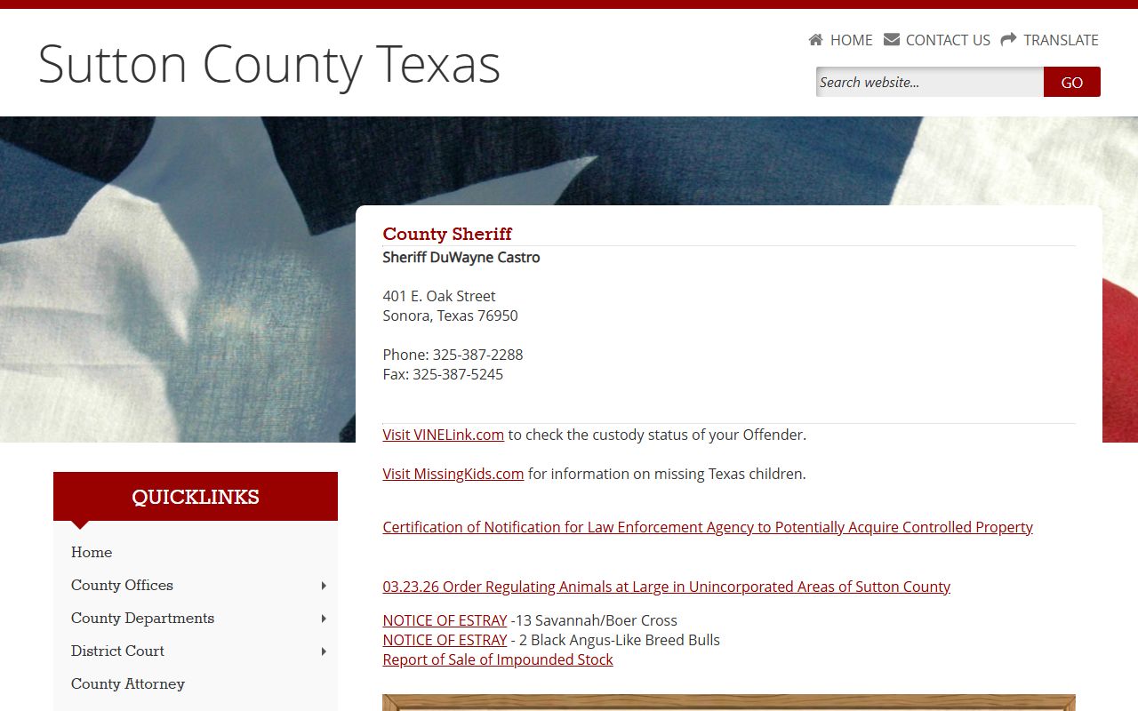 Sutton County booking releases and inmate search records - Sutton County Sheriff's Office