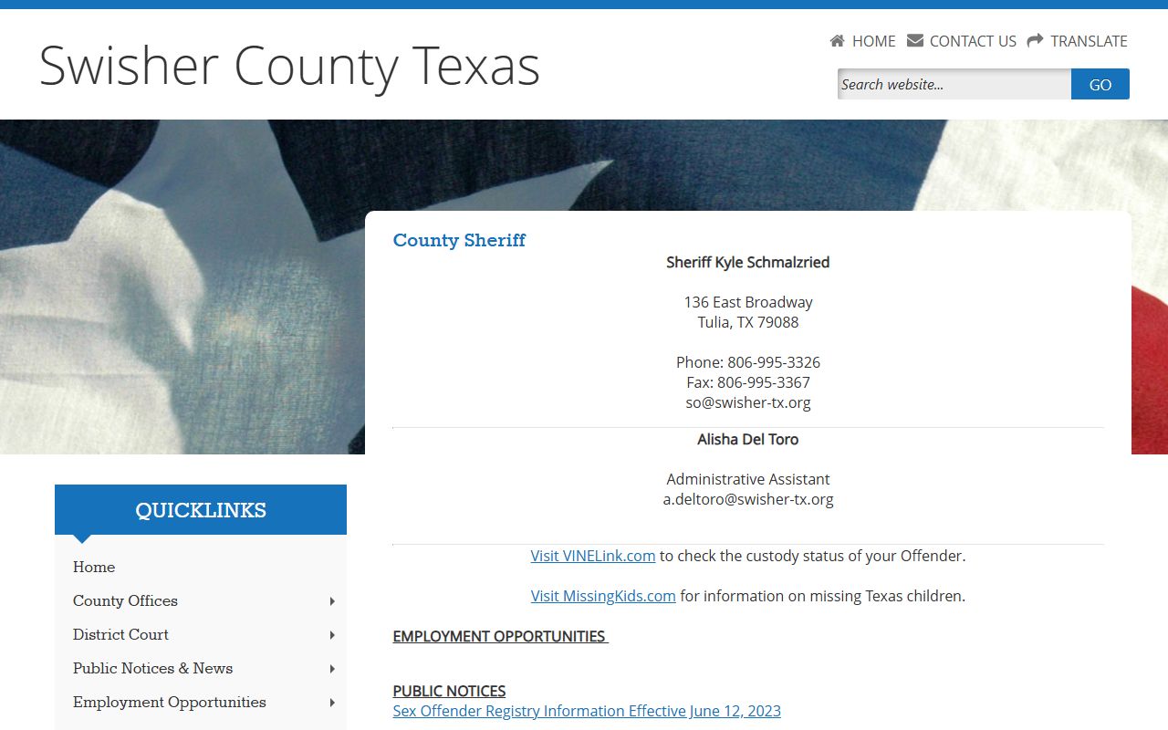 Swisher County booking releases and inmate search records - Swisher County Sheriff's Office
