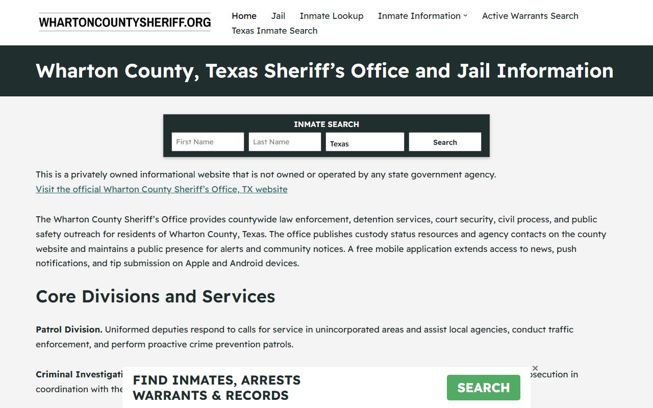 Wharton County booking releases and inmate search records - Wharton County Sheriff's Office